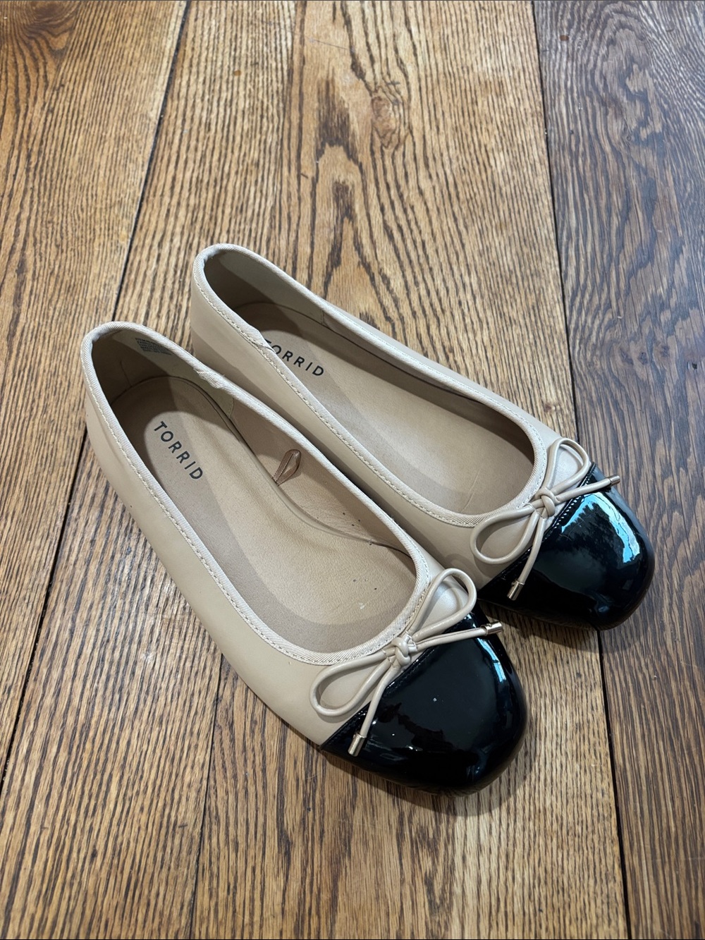 torrid Beige Flats with Black Patent Cap Toe and Bow - 10WW